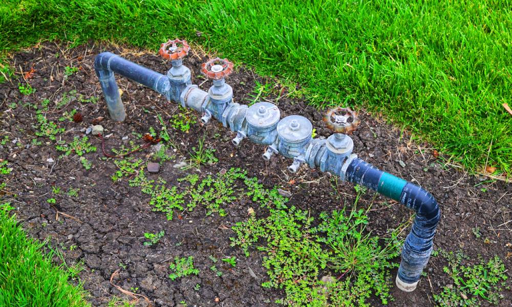 An outdoor plumbing system with three red handles is installed in a large patch of dirt surrounded by grass.